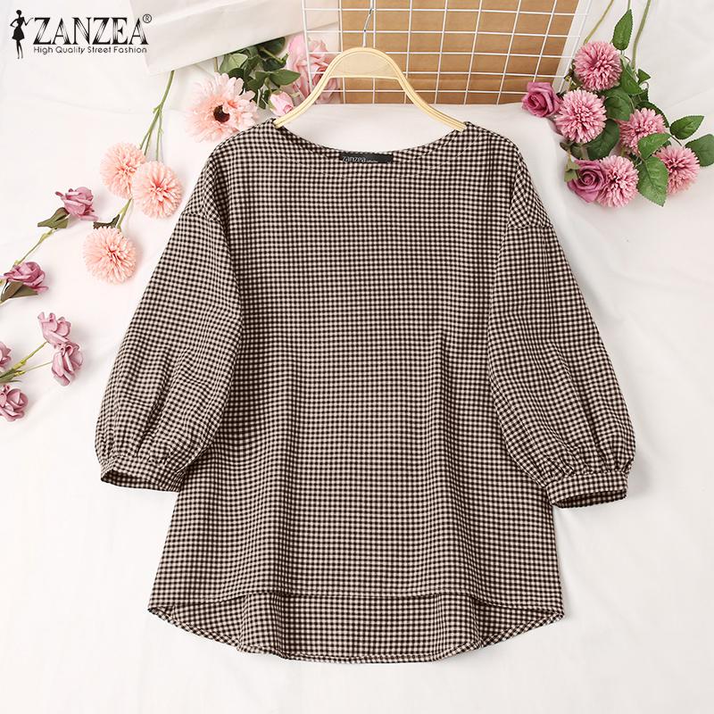 

ZANZEA Женская повседневная летняя клетчатая блузка с круглым вырезом и рукавами 3/4