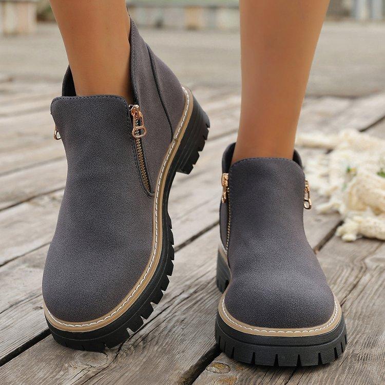 European & American Fashion Autumn/Winter New Large-Size Chunky Heel Thick Sole Side Zipper Outdoor Round Toe Short Boots for Women