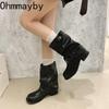 Autumn Winter Thick Heel Women Western Cowboy Boots Fashion Belt Buckle Slip On Shoes Ladies Vintage Pleated Short Booties
