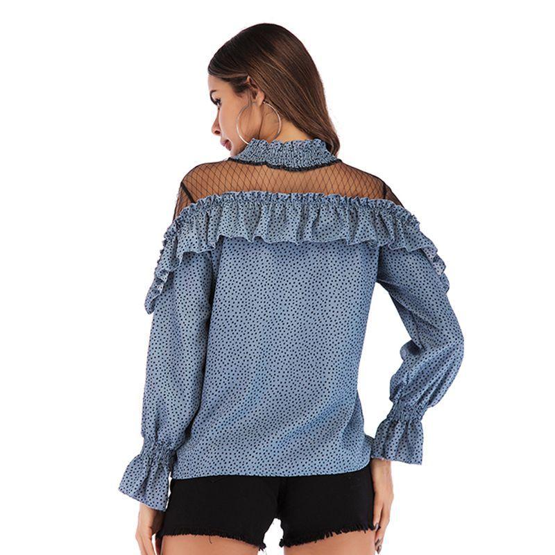 Vår og høst kvinners Chiffon Langermet Plissert Mesh Skjøting Volanger Polka Dot Chiffon Bluse Topp