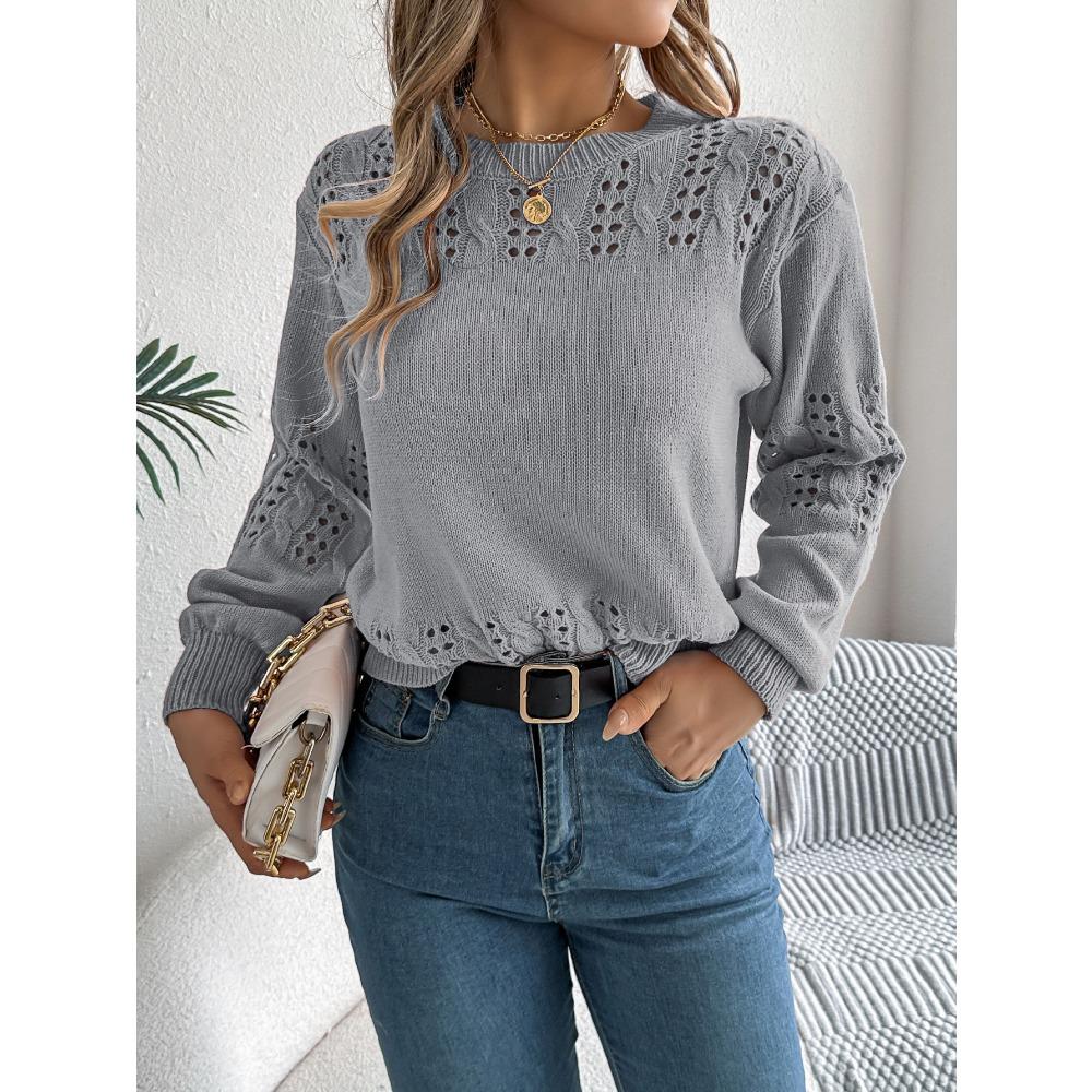 Women's Sweatshirt Casual Solid Colour Openwork Lantern Sleeve Pullover Knit Top