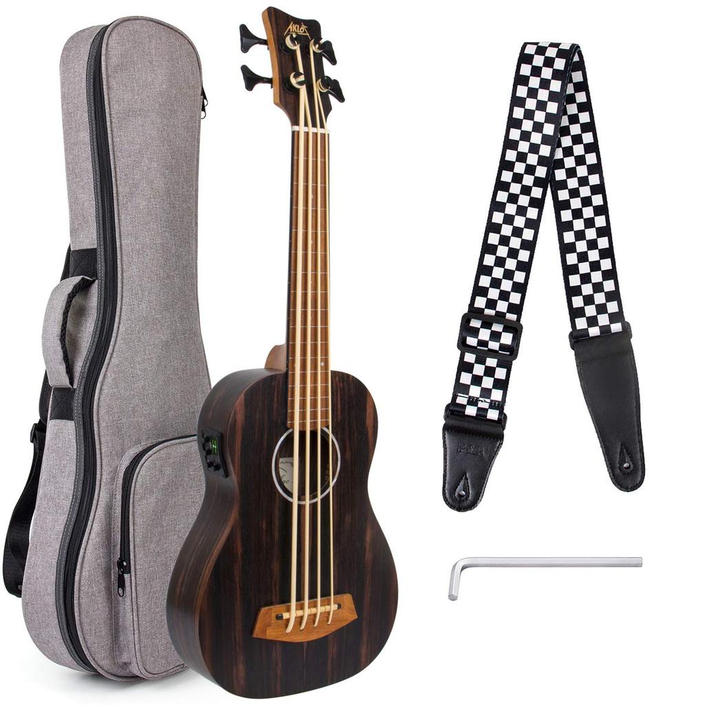 AKLOT Bass 30 Inch Ukulele Bass EADG Soft Case Strap Pick Included Ukulele, (Ebony Brown)