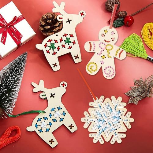 PIujsym Christmas Cross Stitch Kit for Kids - 12 Wooden Ornaments Embroidery Set with Thread, Needles & Ribbons, Creative DIY Craft Sewing Kit