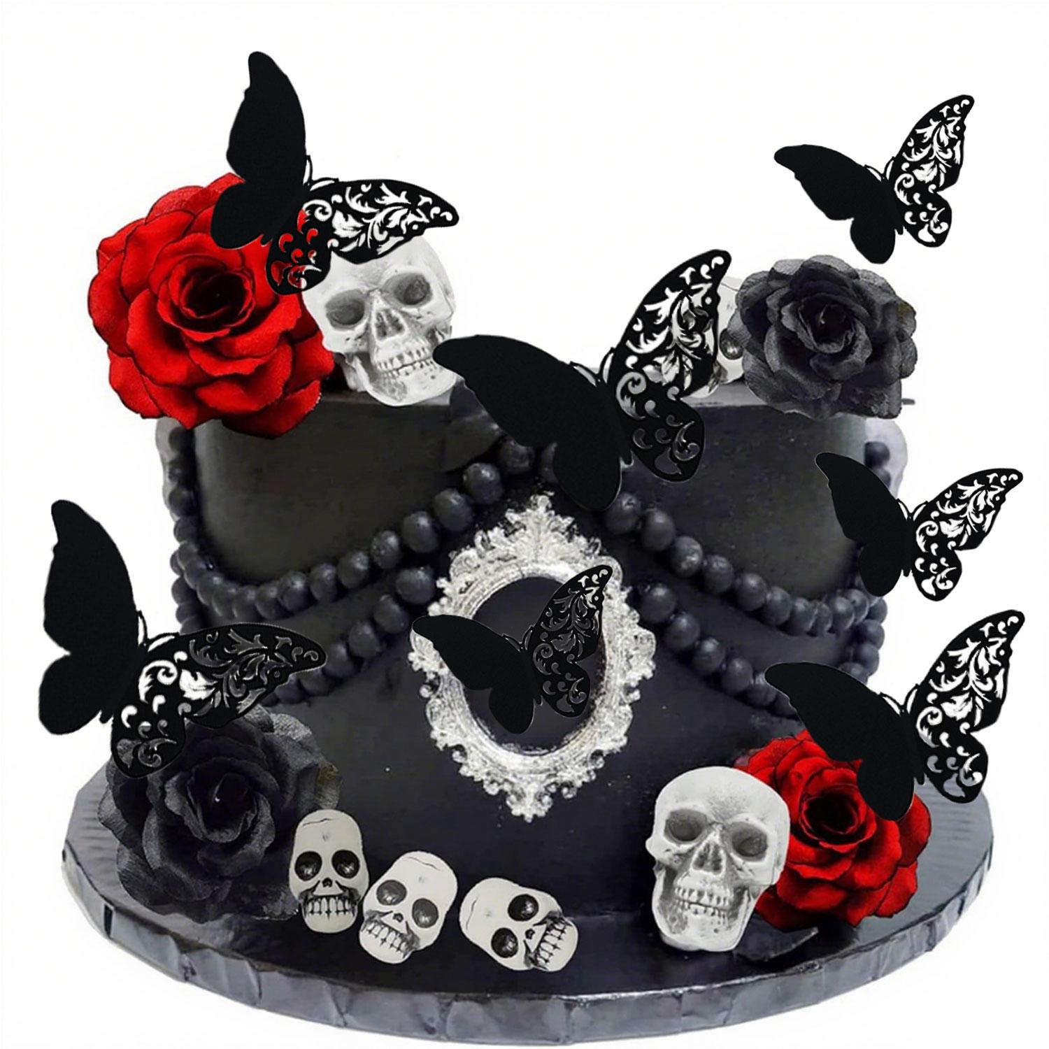 29pcs Halloween Cake Decoration Gothic Cake Topper Red and Black Roses Ghost Skull Bats Cupcake Topper for Halloween Party