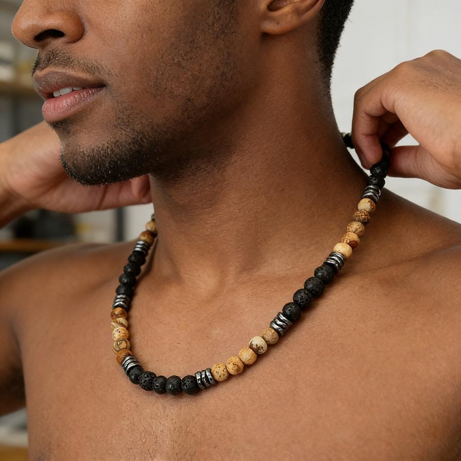 Nuova Collana Fatta a Mano con Perline in Pietra di Lava Occhio di Tigre Naturale da Uomo Regolabile Gioielli Bohemien Retro Minimalisti Accessori per il Collo