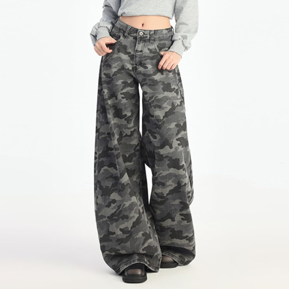 Retro Wide-leg Camouflage Jeans For Women High Waist Straight Loose Slim Floor-length Pants