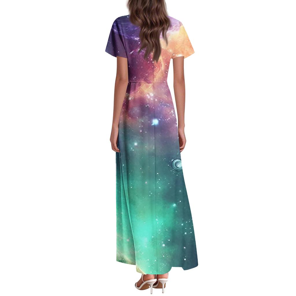 Women's Summer Casual Fashion -Print V-Neck Short-Sleeve Patchwork Dress