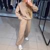 Women Spring Suit 2 Pcs/Set Top Pants Round Neck Long Sleeves Rhinestone Decor Sweatshirt Tracksuit Elastic Waist Wide Leg Trousers Daily Wear