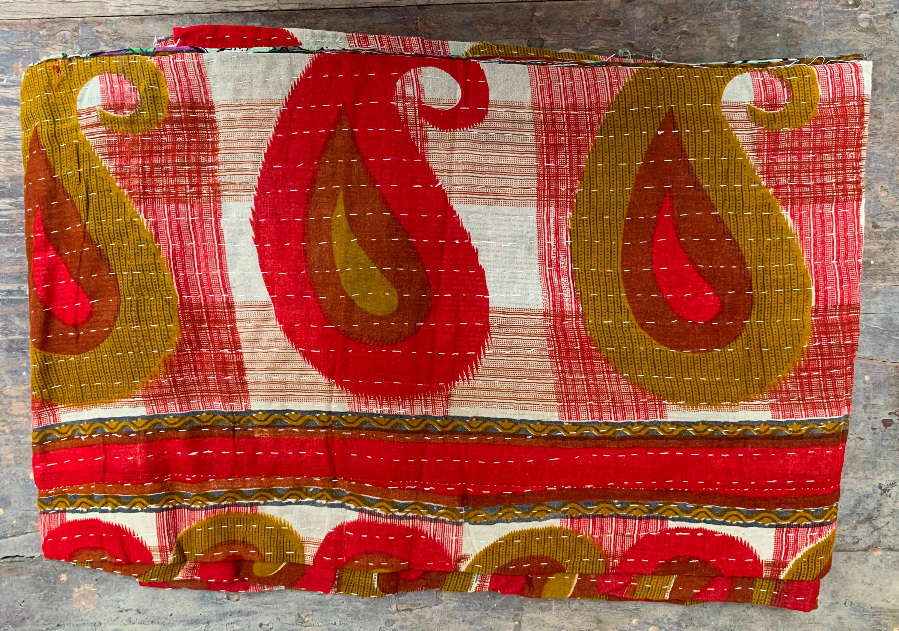 Винтажное одеяло канта ручной работы: Красное хлопковое покрывало с блочной печатью пейсли 80X 50