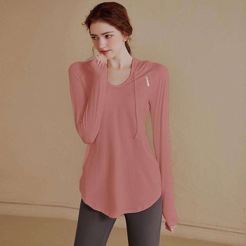 Women Autumn Spring Slim Fit Hooded Long Sleeve Workout Top High Waist Loose Fitness Shirt for Running Yoga Gym