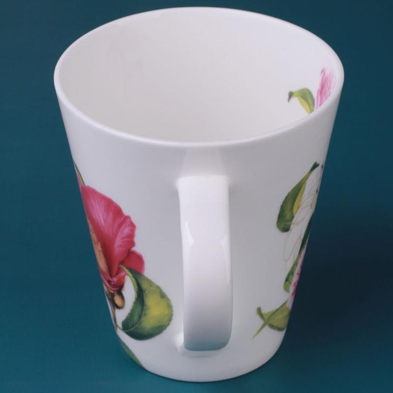 V Style Porcelain Mug 450ml, Fine Bone China Tea Cup Coffee Cup, Camellia Flowers Pattern Coffee Mug for Cappuccino ,ceramic Tea Sets