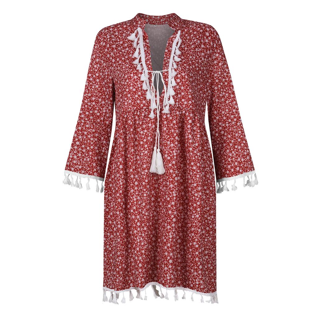 Women Three-quarter Sleeve Boho Floral Printed Dress Tassel V-neck  Dress