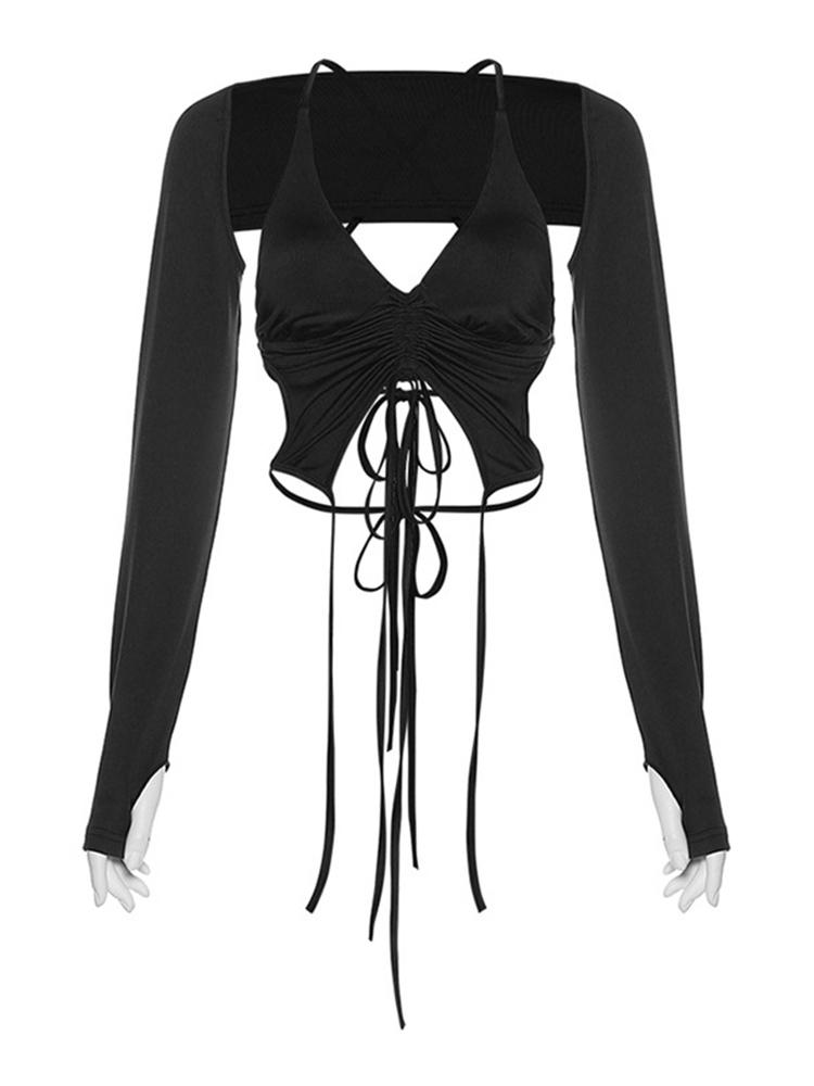 

Y2k Streetwear 2 предмети з довгими рукавами, укорочений топ, модні жіночі футболки з нерегулярною формою без спинки, естетичні L чорний