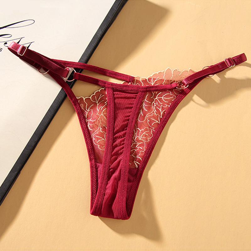 Sexy Lace Embroidery Thongs Women Transparent Briefs Adjustable Waist 159