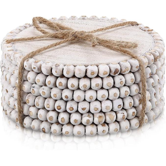 Honeydak 6 Pcs Beaded Wood Coasters Farmhouse Coasters Rustic Round Beaded 3.94 Inches Boho Home Wood for Drinks Bar Coffee Table Top Home Kitchen