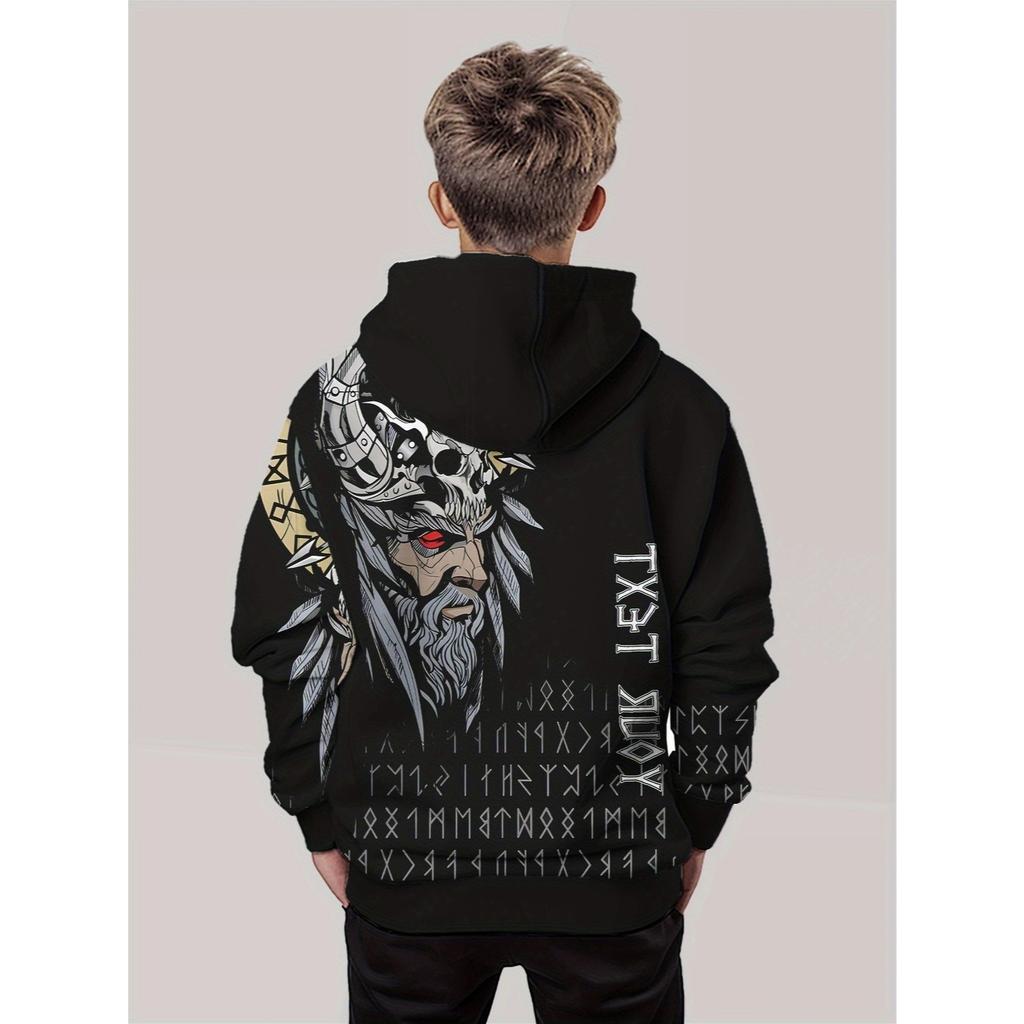 Boys' 3D Printed Nordic Mythical Hoodie - Black Viking Skull and Rune Pattern, High Quality Printing