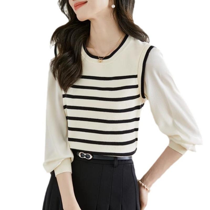 Fake Two-piece Knitted Sweater Women's Spring and Autumn New Long-sleeved Retro Striped Pullover Sweater Top
