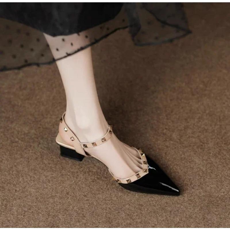 High Quality Womens Sandals Fashion Pointed Tip Thick Heel Women Shoe PU Leather Designer Casual Shoes for Women Sandalias Mujer