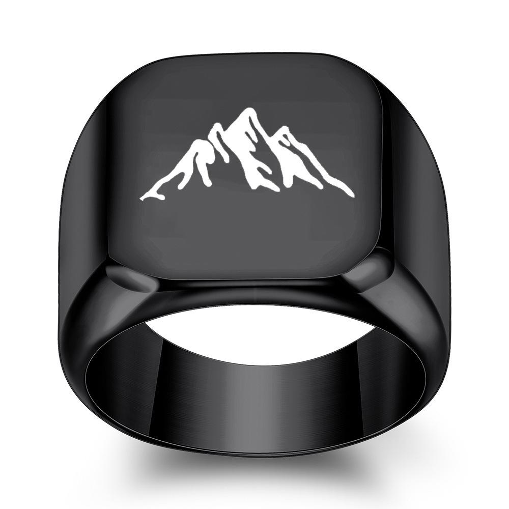18MM Creative Square Mountain Pattern Stainless Steel Ring - Retro Laser Engraved Design for Men Size 7