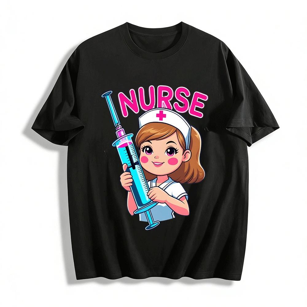 

Cute Nurse Print Casual Tshirt For Medical Staff Daily Wear Pure cotton T-shirt XXS