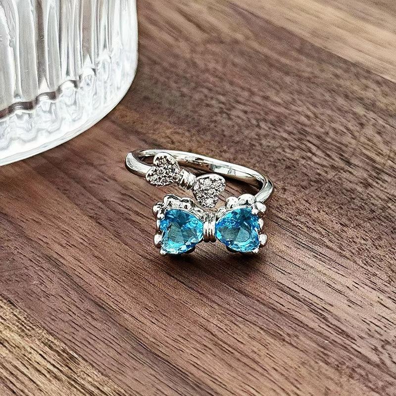 Sweet Light Luxury Sea Blue Zircon Super Flash Open Ring Niche High-End Feeling Stacking Wearing Colored Treasure Ring Woman