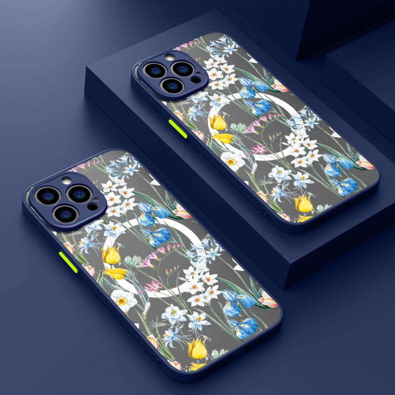 

Матовый магнитный чехол с цветочным узором для iPhone 16 15 14 Pro Max Plus 13 12 Pro Max Mini 11 для беспроводной зарядки Magsafe, мягкие края, акриловый твердый чехол iPhone 15 чёрный