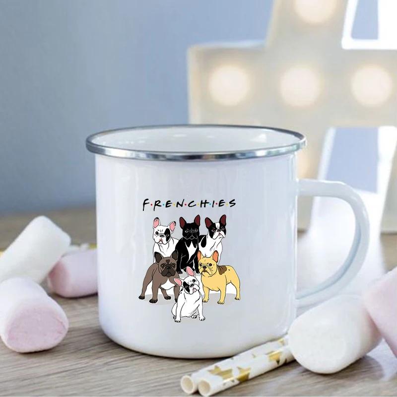 French Bulldog Print Enamel Mug Creative Coffee Cups Drinks Dessert Breakfast Milk Cup Vintage Mugs Handle Drinkware Best Gifts