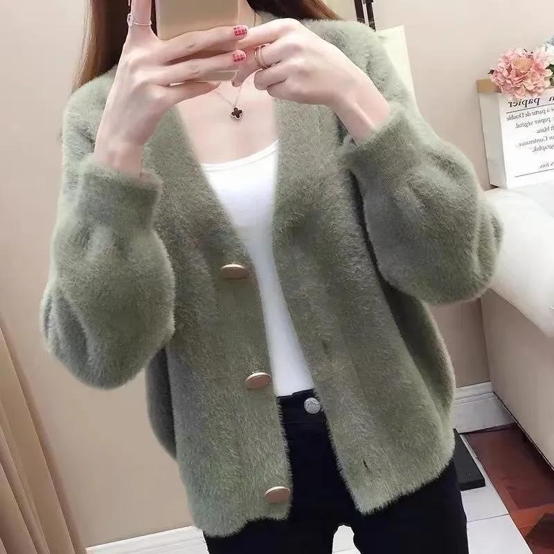 Women's Spring Autumn Korean Style Loose Knitted Cardigan Coat V-neck Outwear Sweater