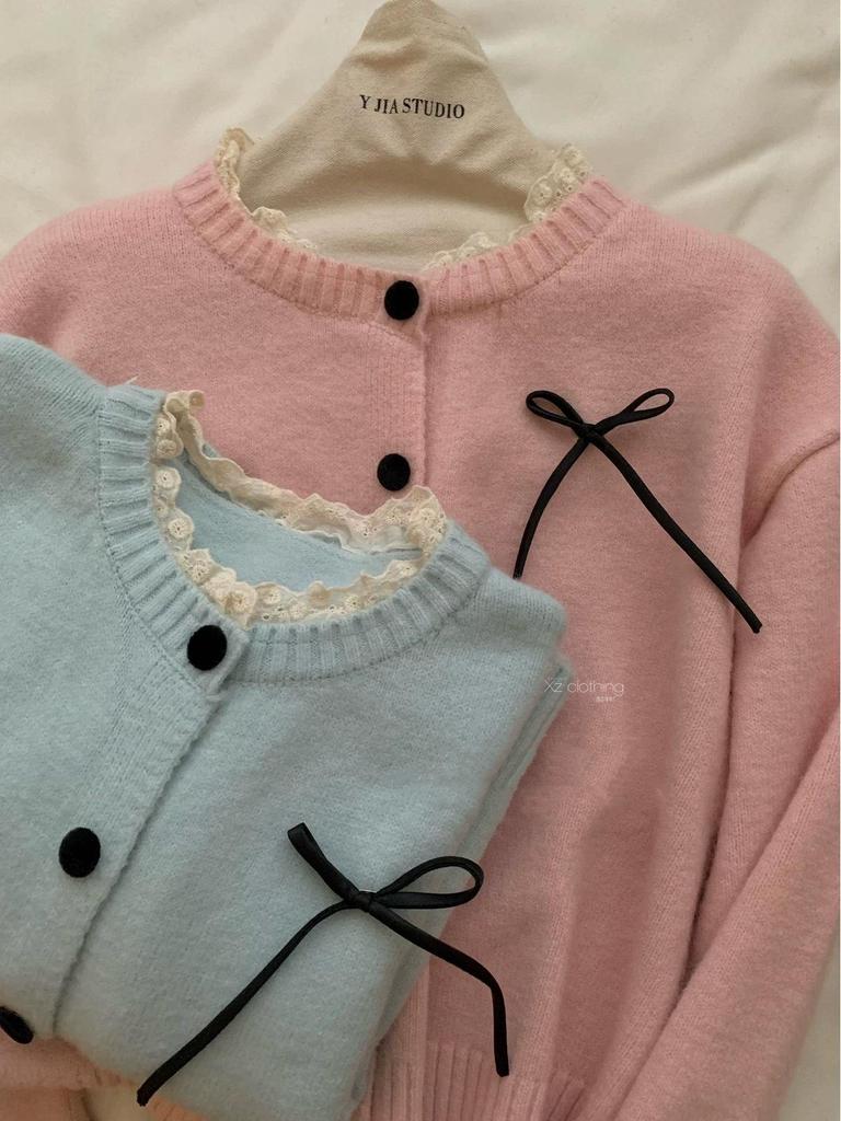 Korean Lace Round Neck Knit Cardigan with Bow - Women's Early Autumn Top