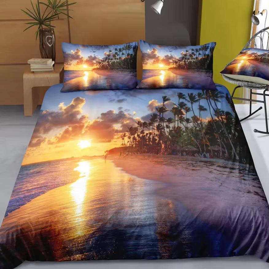 

3D Digital Printed Beach Duvet Cover Modern Natural Bedding Set Coconut Grove Summer Bedroom Bed Cover Pillowcase 3-Piece Set EU Single(135x200cm)