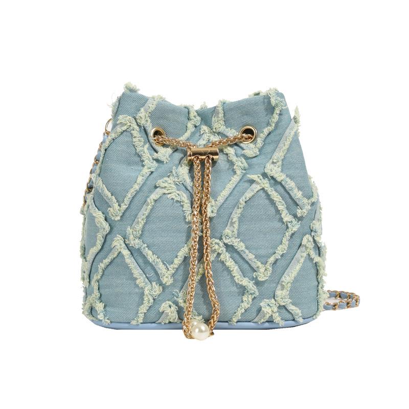 Borsa a Secchiello a Catena Ling Grid, Semplice Borsa a Tracolla, Borsa a Spalla Trendy da Donna con Coulisse e Frange