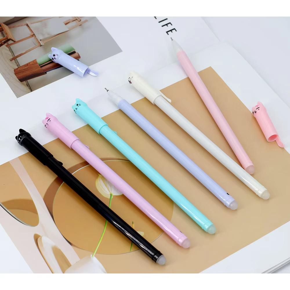 4/6Pack Cat-Themed Erasable Gel Pens 2 Colors Refill Set 0.5mm Fine Point Heat Sensitive with Rubber Grip Assorted Styles