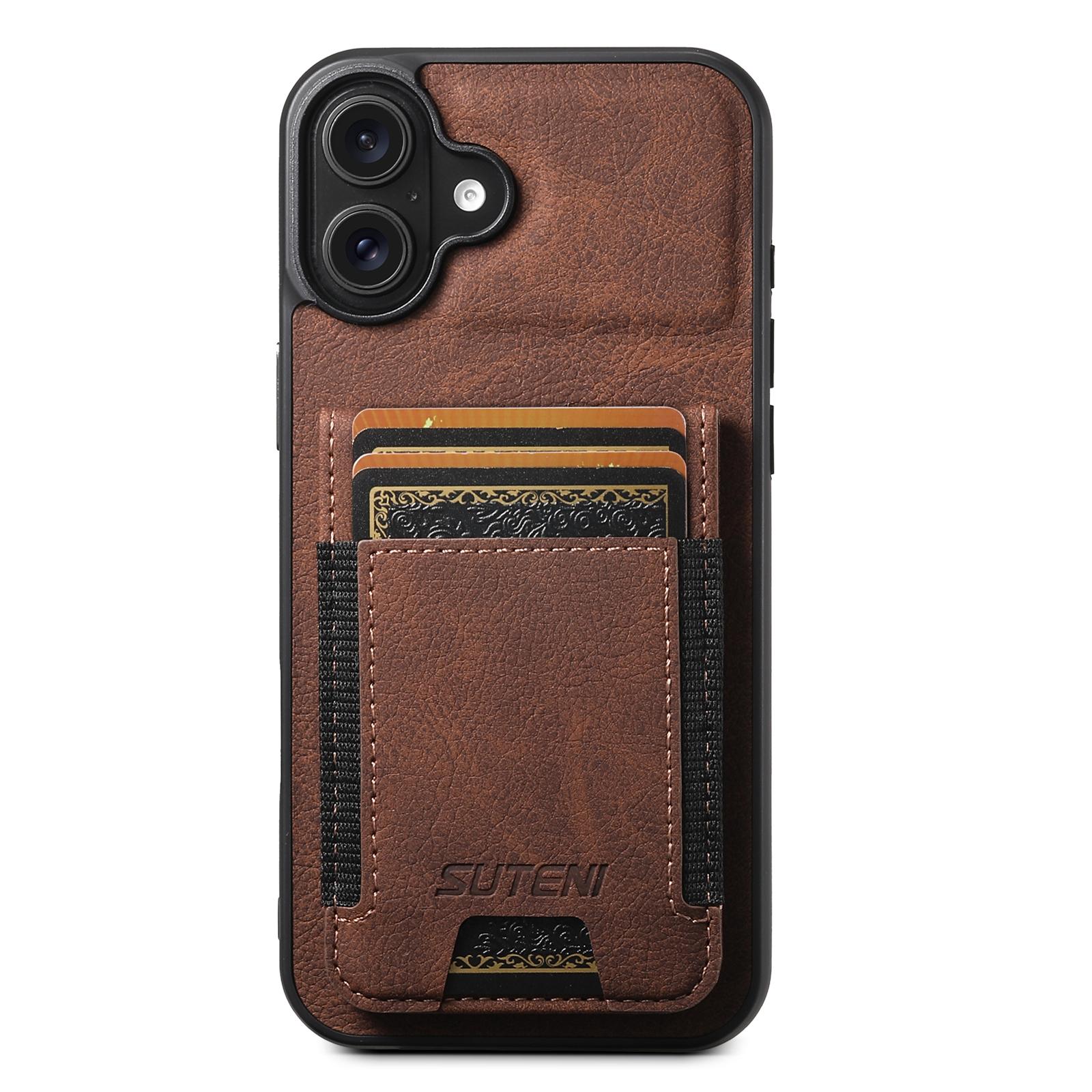 

SUTENI H03 For iPhone 16 Case Card Holder Kickstand Litchi Texture Leather+TPU Phone Cover Brown