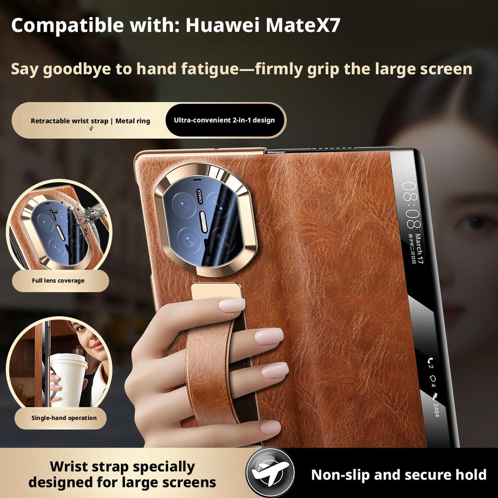 Wristband Ring Case For Huawei Mate X7 X6 X5 Premium Luxury Genuine Leather Magnetic Flip Smart Window Full Protection Cover