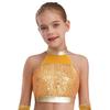 Mädchen Ärmelloses Mock Neck Tanz Crop Top Glitzer Pailletten Patchwork Schlüsselloch Rücken Design Performance Top