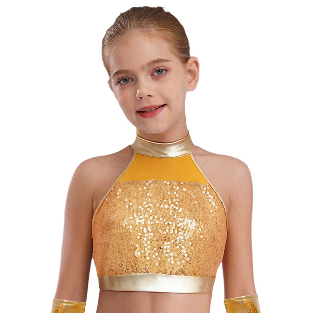 Mädchen Ärmelloses Mock Neck Tanz Crop Top Glitzer Pailletten Patchwork Schlüsselloch Rücken Design Performance Top