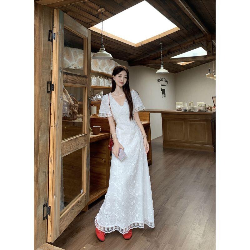 Kumikumi French Style Embroidered Lace Three-Dimensional Flower Short Sleeve Dress Women Summer Temperament Slim Fit Slimming Long Dress