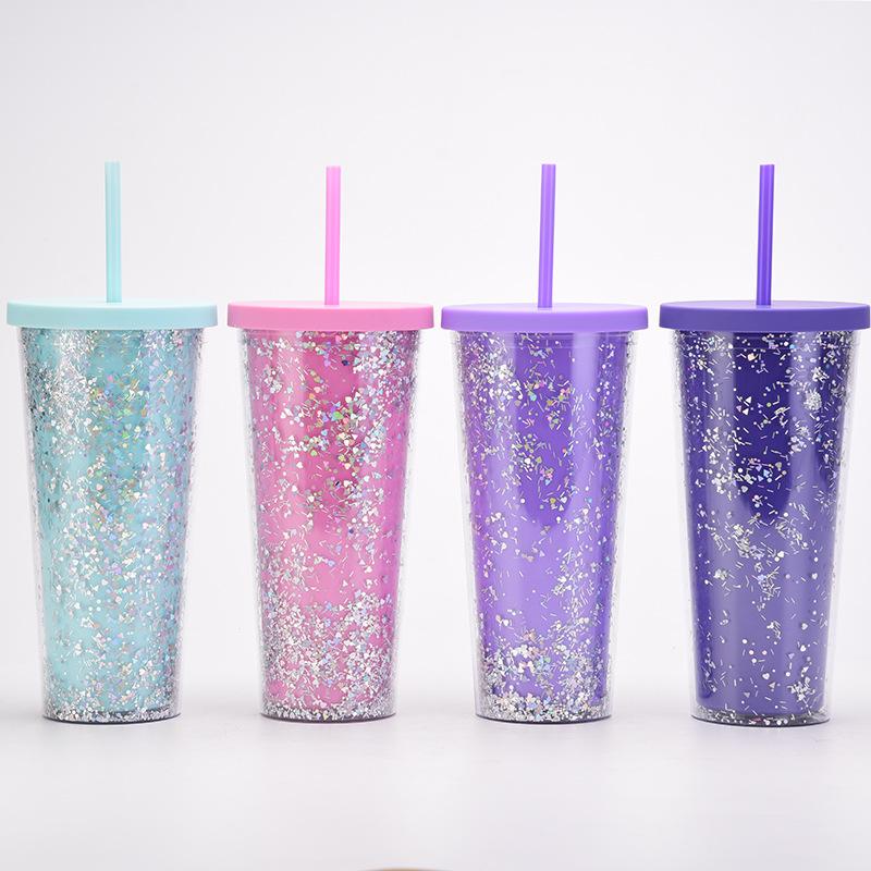 24Oz Double-Layer Plastic Cup Men'S And Women'S Sequined Shallots Glitter Creative Water Cup With Straw