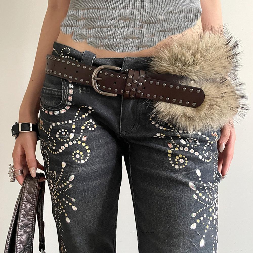 

Rivet Leather Fur Belt Western Style Plush Belt Vintage Y2K Waistband Women кофейный