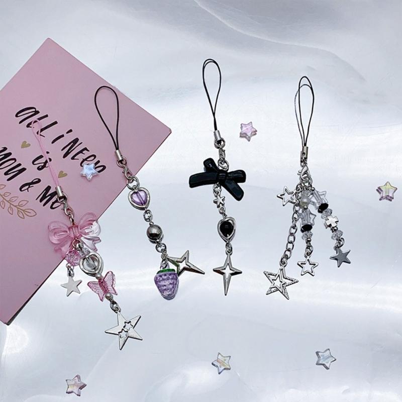 4Pcs Cute Bowknot Star Pendant Phone Charm Y2K Phone Chain Strap Sweet Bag Decoration Lanyards Keychain Accessories