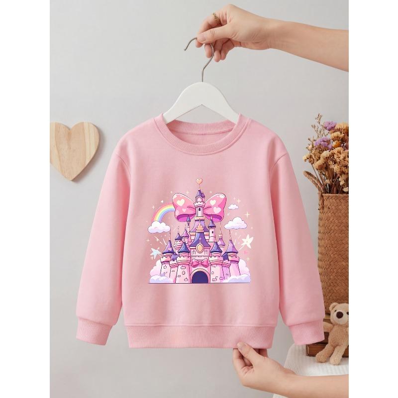 Kids Girls Crewneck Sweatshirt, Cute Pink Princess Castle Rainbow Bow Cloud Star Cartoon Print Black Soft Fleece Pullover