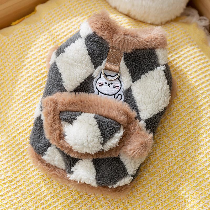Cat Clothes Autumn and Winter Warm Checkerboard Pockets Fleece Vest Dog Small Dog Thickened Fleece Pet Clothing