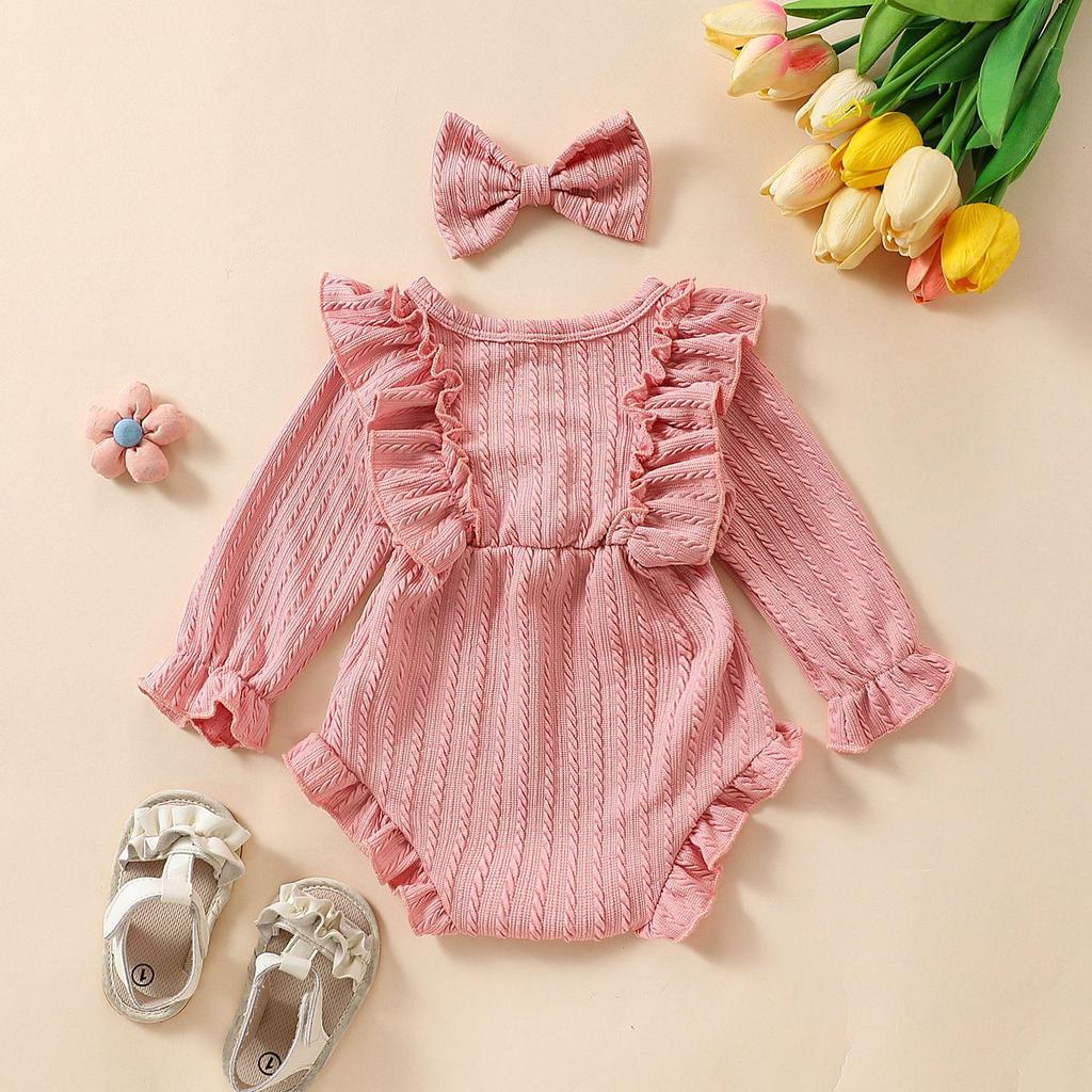 E2302A Toddler Girls' Princess Bow Romper with Headband - Sweet Long Sleeve Two-Piece Outfit