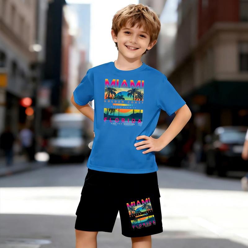 Boys 2 Piece Miami Coast Print Outfit, Short Sleeve T-Shirt and Shorts Set for Kids Age 5-14,Black and White Sporty Casual Summer Clothes