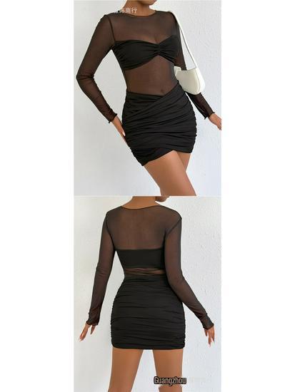 Damska Seksowna Okrągły Dekolt Siatkowe Wstawki Plisowana Sukienka