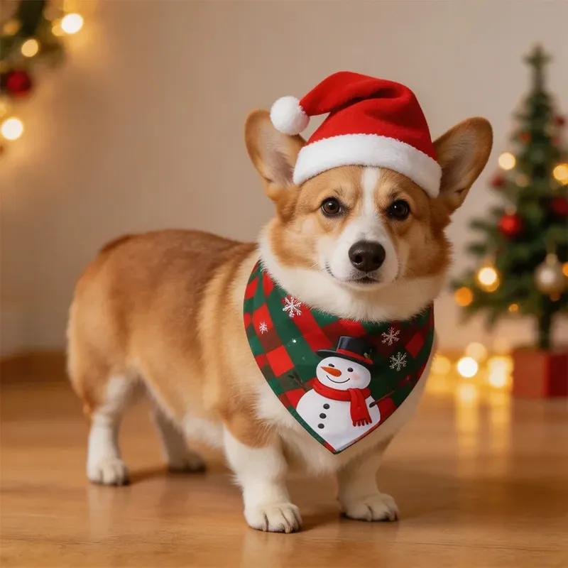 Holiday Dog Scarf Bibs 2Pcs Christmas Plaid Bandanas Puppy Pet Grooming Accessories For Cats Dogs Christmas Gift Supplies