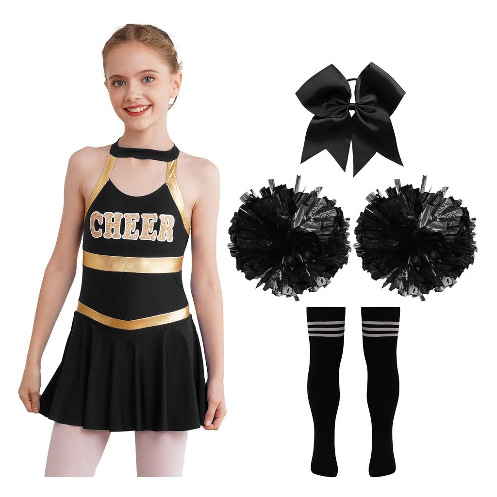 Girls Cheerleading Dress Sleeveless Crisscross Straps Hollow Back Letter Print Patchwork Bowknot Socks Set