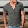 V-Neck Short Sleeve Buttons Half Placket Thin Men T-shirt Summer Solid Color Slim Fit Sport Top Streetwear