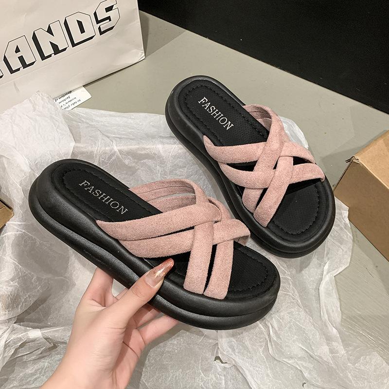 

Thick-bottomed cross-strapped cool slippers for women s outerwear 2025 summer new retro fashion evening breeze casual one-word slippers 40 розовый
