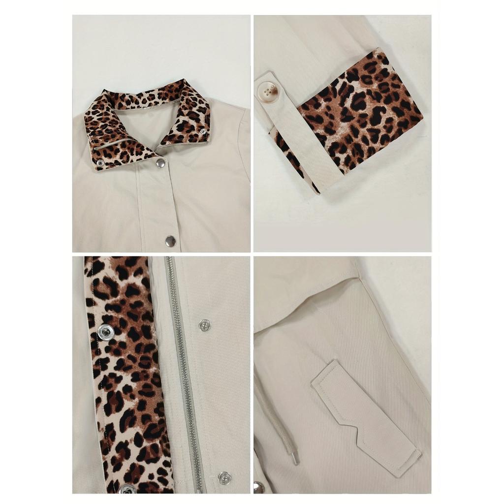 Women's Leopard Patchwork Drawstring Waist Slim Long Sleeve Trench Coat Elegant Casual Outerwear For Women